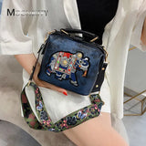 Retro Embroidery Shoulder Bag Wide Strap Crossbody
