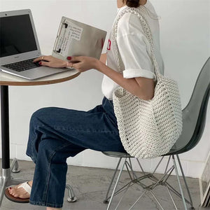 Vintage Knitted Yarn Drawstring Canvas Shoulder Bag