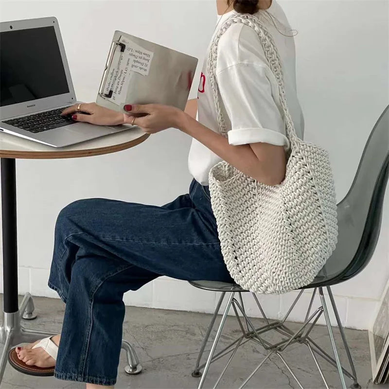 Vintage Knitted Yarn Drawstring Canvas Shoulder Bag