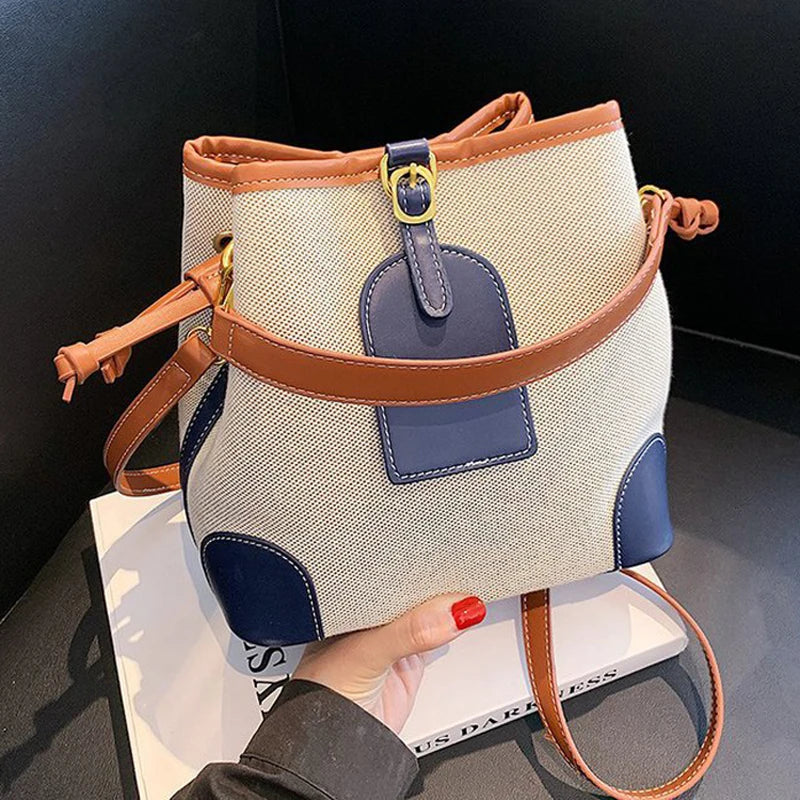 Canvas Bucket Bag Contrast Texture Messenger Shoulder Bag