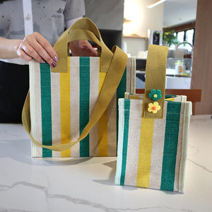 Striped Shoulder Bag Canvas Women Square Tote Beach Handbag