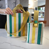 Striped Shoulder Bag Canvas Women Square Tote Beach Handbag