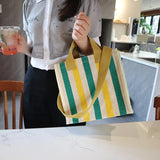 Striped Shoulder Bag Canvas Women Square Tote Beach Handbag