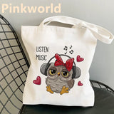 Owl Printed Canvas Shopper Bag Women Shoulder Bag