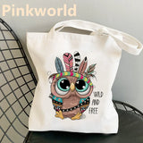 Owl Printed Canvas Shopper Bag Women Shoulder Bag