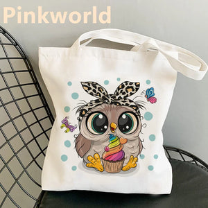 Owl Printed Canvas Shopper Bag Women Shoulder Bag