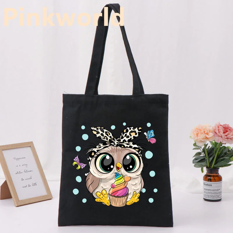 Owl Printed Canvas Shopper Bag Women Shoulder Bag