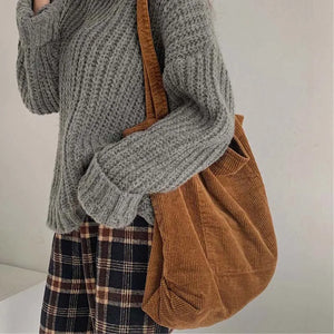 Corduroy Shoulder Bag Reusable Shopping Tote Large Capacity Handbag