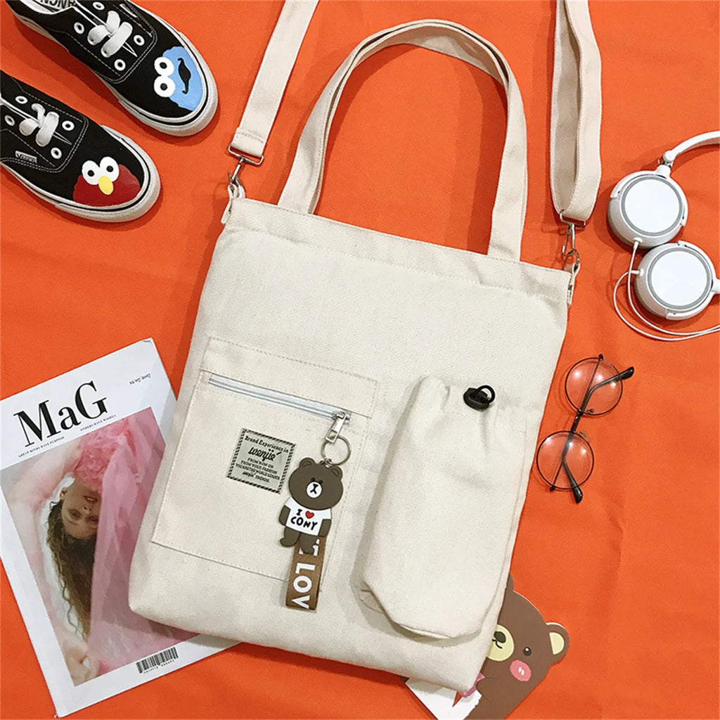 Canvas Solid Color Tote Bag Long Strap Large Shop Handbag Purses