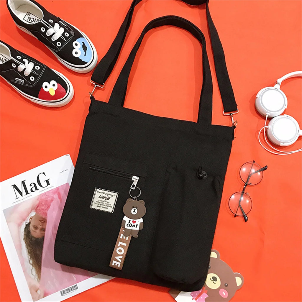 Canvas Solid Color Tote Bag Long Strap Large Shop Handbag Purses