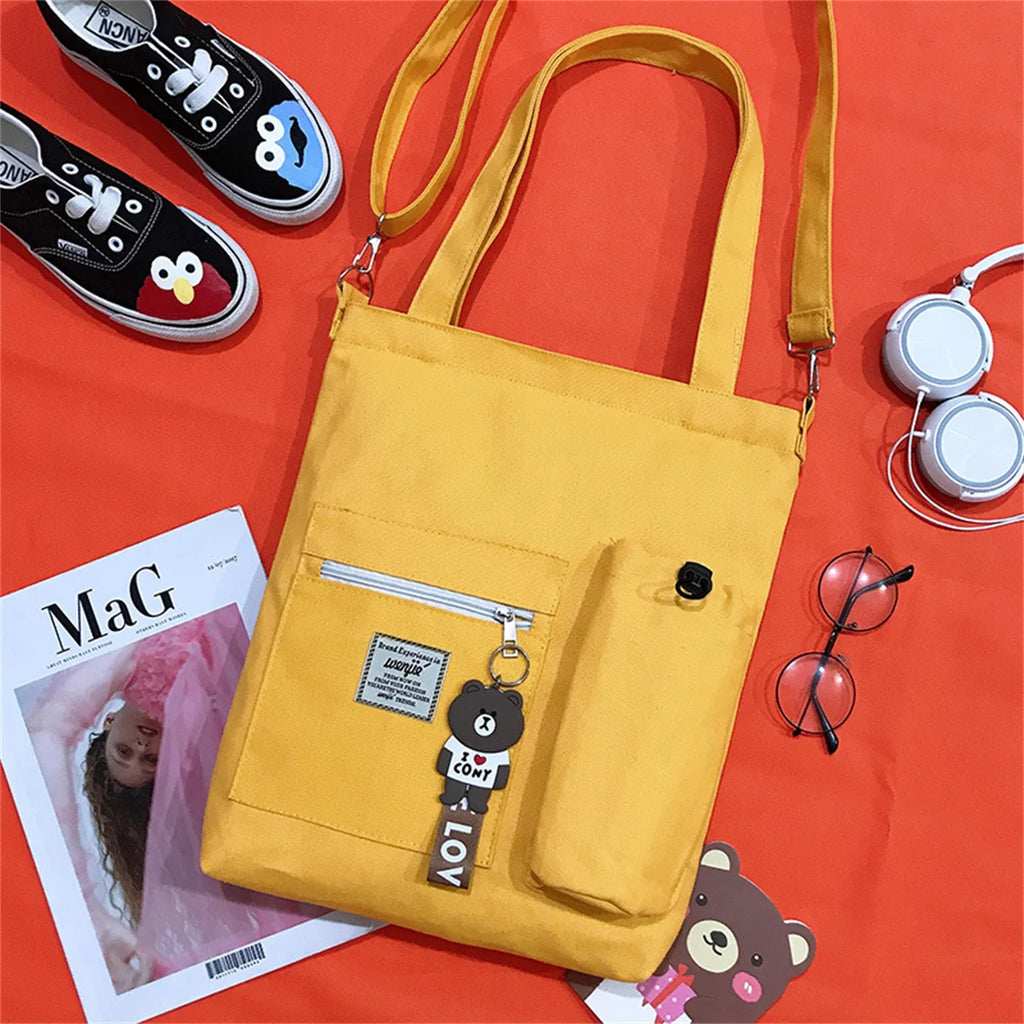 Canvas Solid Color Tote Bag Long Strap Large Shop Handbag Purses