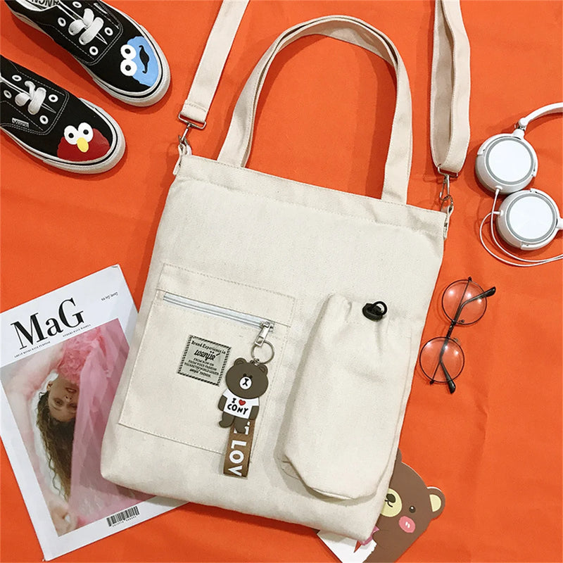 Canvas Solid Color Tote Bag Long Strap Large Shop Handbag Purses