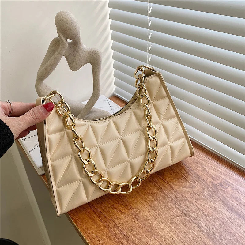 Contrast Lingge Shoulder Bag with Handle Stick