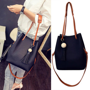 Women PU Leather Bucket Shoulder Bag with Small Handbag