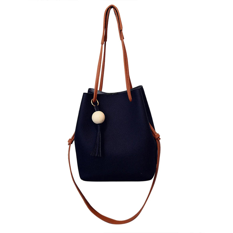 Women PU Leather Bucket Shoulder Bag with Small Handbag