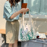 Canvas Shoulder Bag Flower Print Tote Handbag Large Capacity