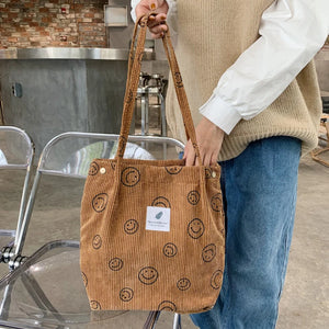 Corduroy Snap Button Shoulder Bag Large Capacity Tote Handbag