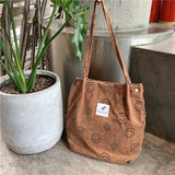 Corduroy Snap Button Shoulder Bag Large Capacity Tote Handbag