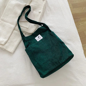 Corduroy Snap Button Shoulder Bag Large Capacity Reusable Shopping Bag