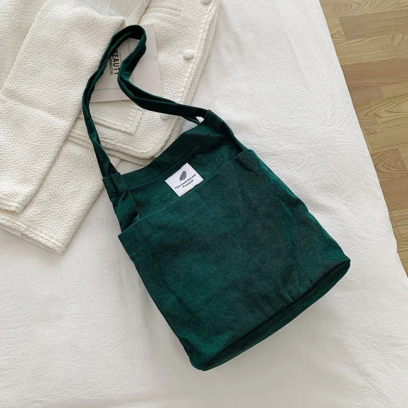 Corduroy Snap Button Shoulder Bag Large Capacity Reusable Shopping Bag