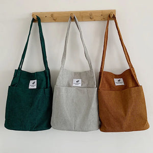 Corduroy Snap Button Shoulder Bag Large Capacity Reusable Shopping Bag
