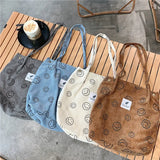 Corduroy Snap Button Shoulder Bag Large Capacity Tote Handbag
