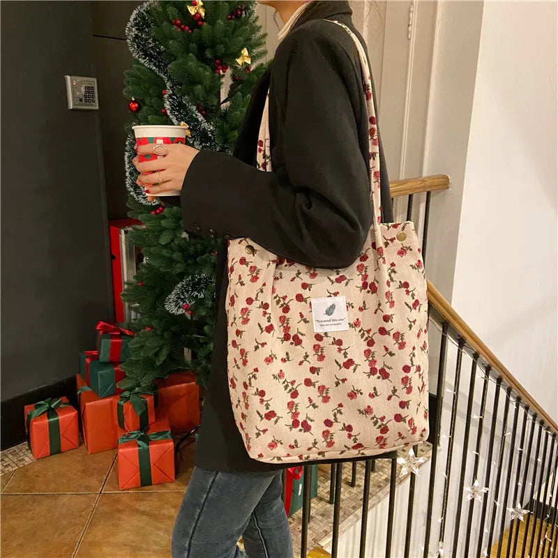 Corduroy Shoulder Bag Large Capacity Reusable Shopping Tote Handbags