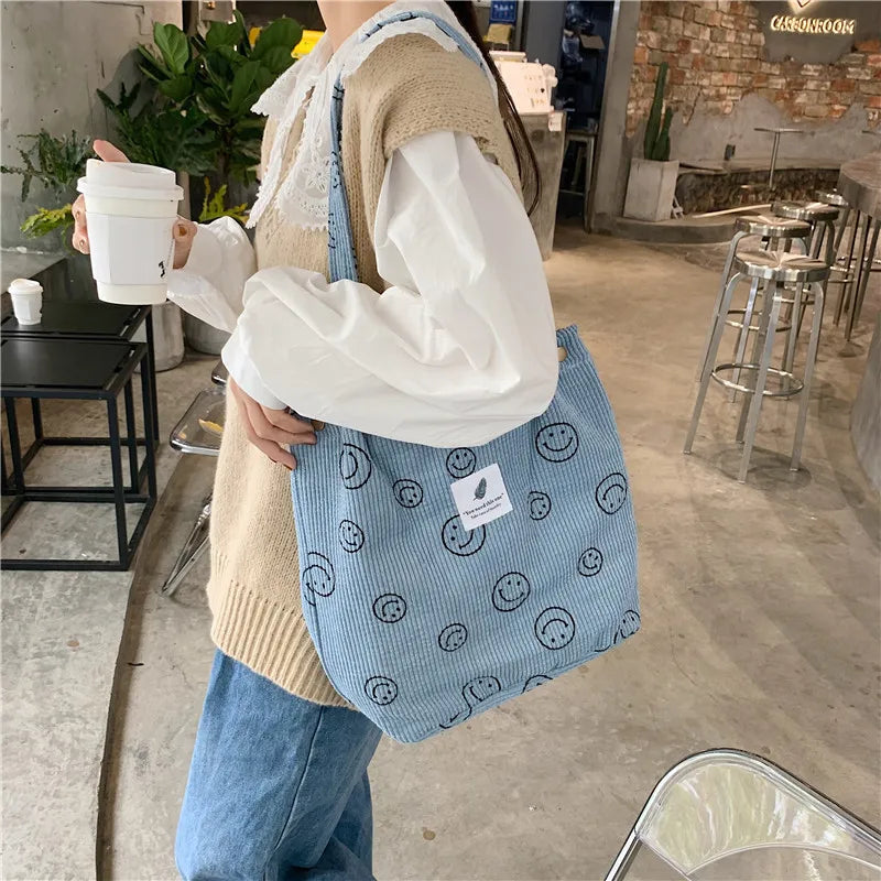 Corduroy Snap Button Shoulder Bag Large Capacity Tote Handbag