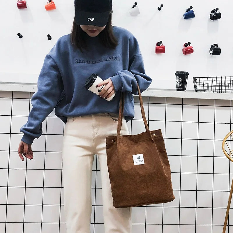 Corduroy Tote Bag Casual Solid Shoulder Bag Student Handbag