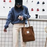 Corduroy Tote Bag Casual Solid Shoulder Bag Student Handbag