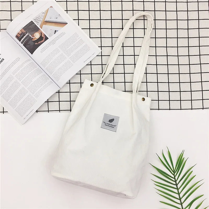 Corduroy Tote Bag Casual Solid Shoulder Bag Student Handbag