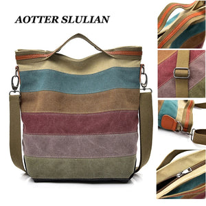 Canvas Shoulder Bag Striped Reusable Shopping Casual Tote Female Handbag