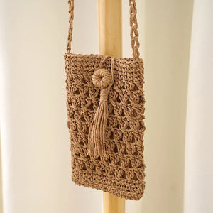 Vintage Straw Tassel Crossbody Bag for Beach, Summer Mini Phone Bag