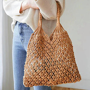 Beach Straw Shoulder Bag Woven Vacation Reusable Cotton Hollow Fis