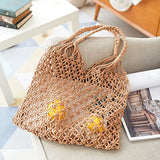 Beach Straw Shoulder Bag Woven Vacation Reusable Cotton Hollow Fis