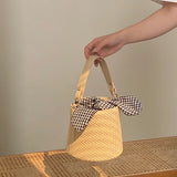 Beach Straw Woven Bucket Bag Bowknot Plaid Ladies Small Shoulder Bag