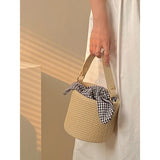 Beach Straw Woven Bucket Bag Bowknot Plaid Ladies Small Shoulder Bag