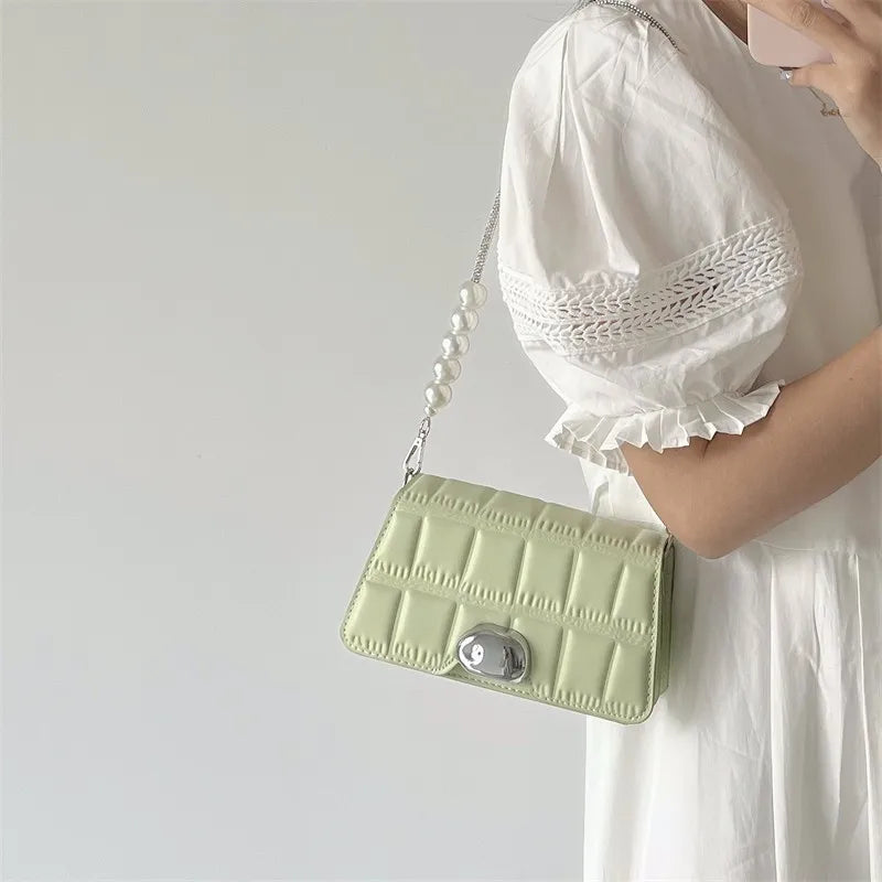 Plaid Bead Chain Shoulder Bag for Women Ladies Underarm Purses and Handbags