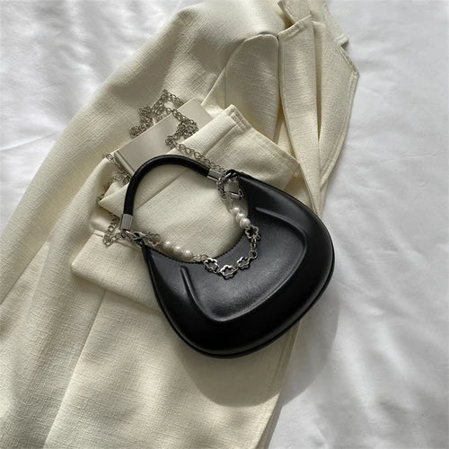 Women's Bead Chain Handbag Solid Shoulder Bag PU Leather Crossbody Tote Purse
