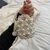 Beaded Pearls Shoulder Bag for Women Clutches Bucket Drawstring Messenger Handba