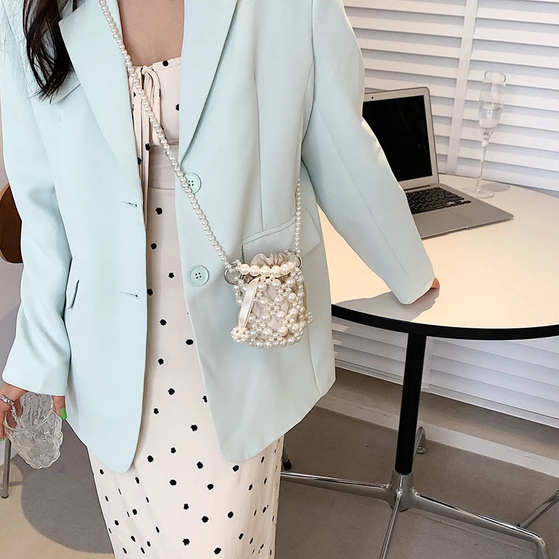 Beaded Pearls Shoulder Bag for Women Clutches Bucket Drawstring Messenger Handba