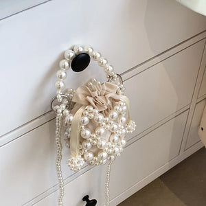 Beaded Pearls Shoulder Bag for Women Clutches Bucket Drawstring Messenger Handba