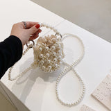 Beaded Pearls Shoulder Bag for Women Clutches Bucket Drawstring Messenger Handba