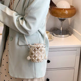 Beaded Pearls Shoulder Bag for Women Clutches Bucket Drawstring Messenger Handba