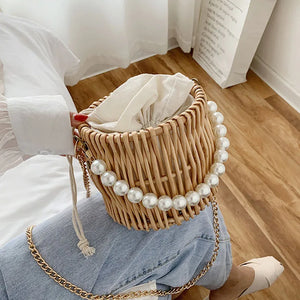 Small Straw Shoulder Bag Rattan Weave Beach Bucket Crossbody Handbag