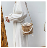 Small Straw Shoulder Bag Rattan Weave Beach Bucket Crossbody Handbag