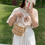 Small Straw Shoulder Bag Rattan Weave Beach Bucket Crossbody Handbag