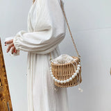 Small Straw Shoulder Bag Rattan Weave Beach Bucket Crossbody Handbag