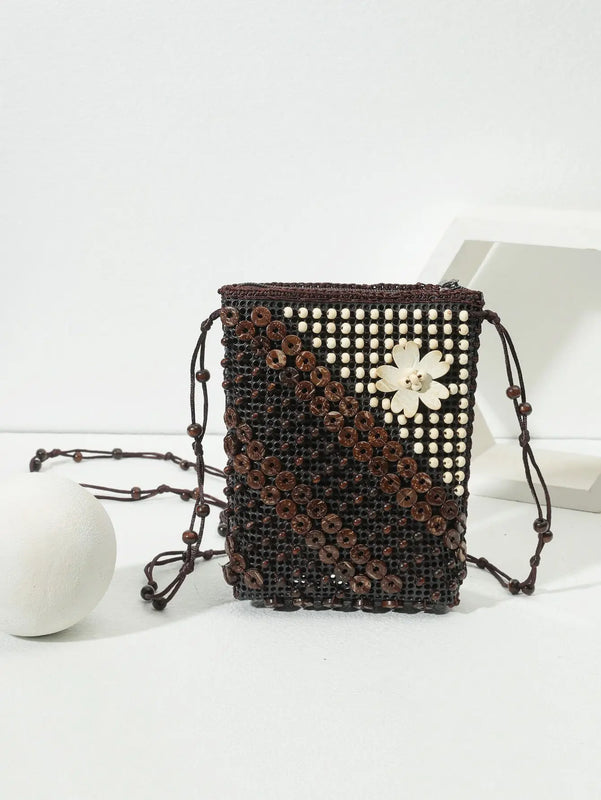 Retro Beaded Shoulder Bag Crossbody Mini Money Bag Flower Appliques Handbag