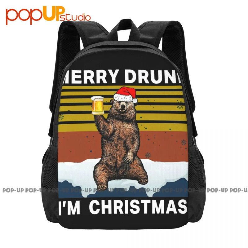 Bear Beer Merry Drunk Im Christmas Backpack Large Capacity Art Print Storage Bag